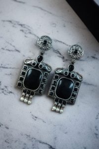 Traditional Elephant Earrings | Silver Replica Oxidized Dangler with Beautiful Monalisa Stone Jewelry - color: "Black"