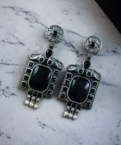 Traditional Elephant Design Earrings with Monalisa Stone and Oxidized Silver Replica Finish