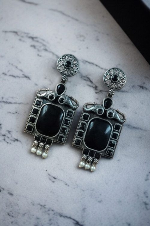 Traditional Elephant Design Earrings with Monalisa Stone and Oxidized Silver Replica Finish