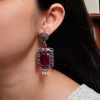 Traditional Elephant Earrings with Monalisa Stone and Oxidized Silver Replica Finish