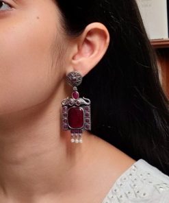 Traditional Elephant Earrings with Monalisa Stone and Oxidized Silver Replica Finish