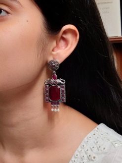 Traditional Elephant Earrings with Monalisa Stone and Oxidized Silver Replica Finish