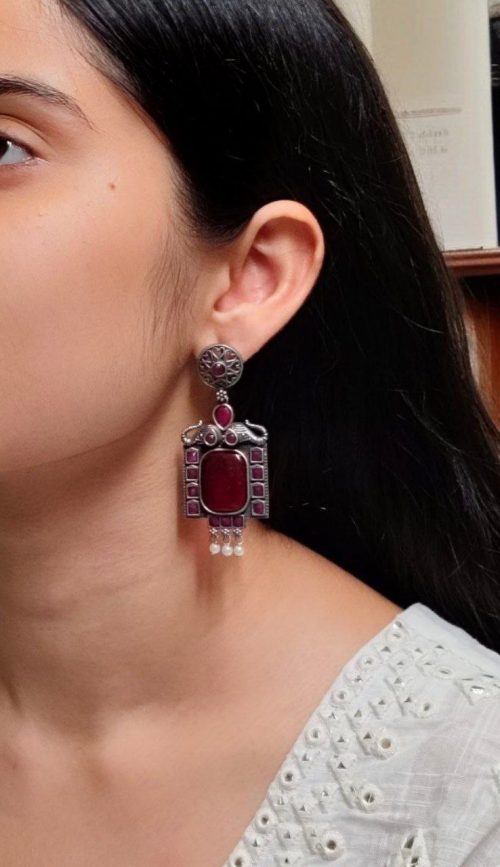 Traditional Elephant Earrings with Monalisa Stone and Oxidized Silver Replica Finish
