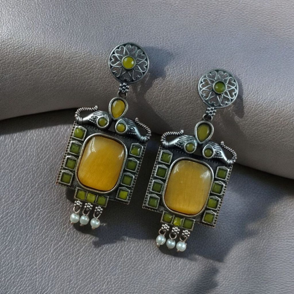 Bulk 942 Traditional Elephant Earrings | Silver Replica Oxidized Dangler with Beautiful Monalisa Stone Jewelry - "Yellow"