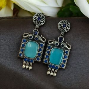 Traditional Elephant Earrings | Silver Replica Oxidized Dangler with Beautiful Monalisa Stone Jewelry - color: "Blue-Aqua"