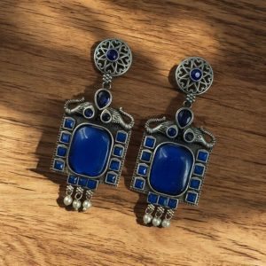 Traditional Elephant Earrings | Silver Replica Oxidized Dangler with Beautiful Monalisa Stone Jewelry - color: "Blue"