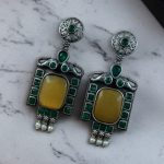 Traditional Elephant Earrings | Silver Replica Oxidized Dangler with Beautiful Monalisa Stone Jewelry - "Yellow-Green"
