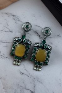 Traditional Elephant Earrings | Silver Replica Oxidized Dangler with Beautiful Monalisa Stone Jewelry - color: "Yellow-Green"