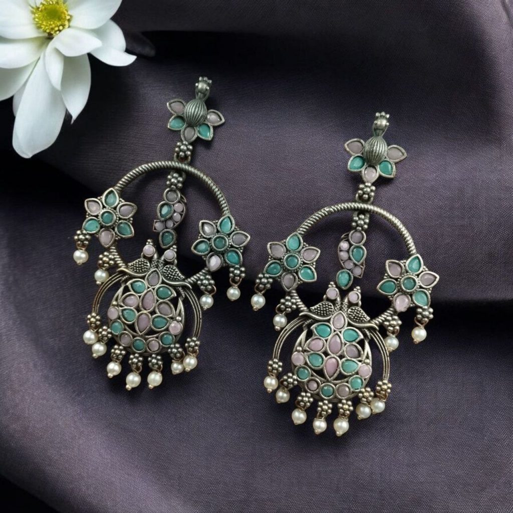 Bulk 906 Best Ethnic Peacock Earrings – Oxidized Stone & Pearl Detailing in Silver Replica Dangler Jewelry - Baby Pink-Mint"