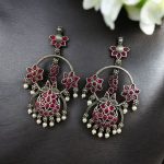 Best Ethnic Peacock Earrings – Oxidized Stone & Pearl Detailing in Silver Replica Dangler Jewelry - "Red"