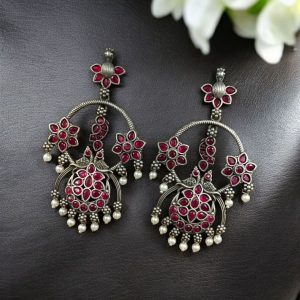 Best Ethnic Peacock Earrings – Oxidized Stone & Pearl Detailing in Silver Replica Dangler Jewelry - color: "Red"