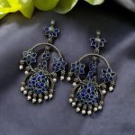 Best Ethnic Peacock Earrings – Oxidized Stone & Pearl Detailing in Silver Replica Dangler Jewelry - "Blue"