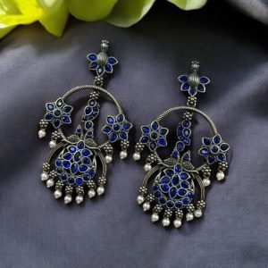 Best Ethnic Peacock Earrings – Oxidized Stone & Pearl Detailing in Silver Replica Dangler Jewelry - color: "Blue"