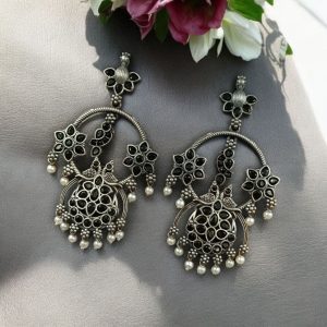 Best Ethnic Peacock Earrings – Oxidized Stone & Pearl Detailing in Silver Replica Dangler Jewelry - color: "Black"