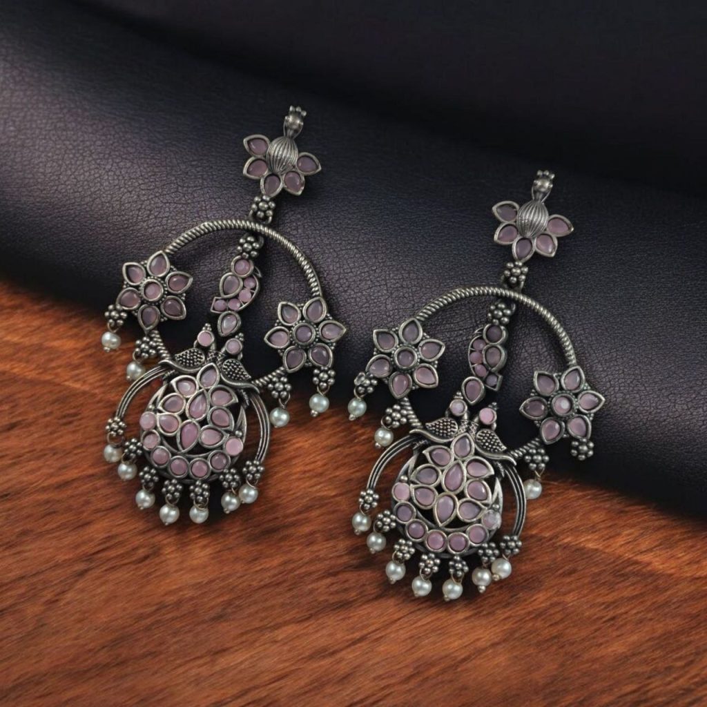 Bulk 920 Best Ethnic Peacock Earrings – Oxidized Stone & Pearl Detailing in Silver Replica Dangler Jewelry - "Baby Pink"