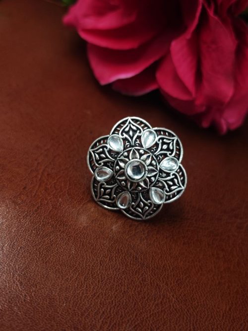Oxidized silver adjustable ring with stone for daily wear