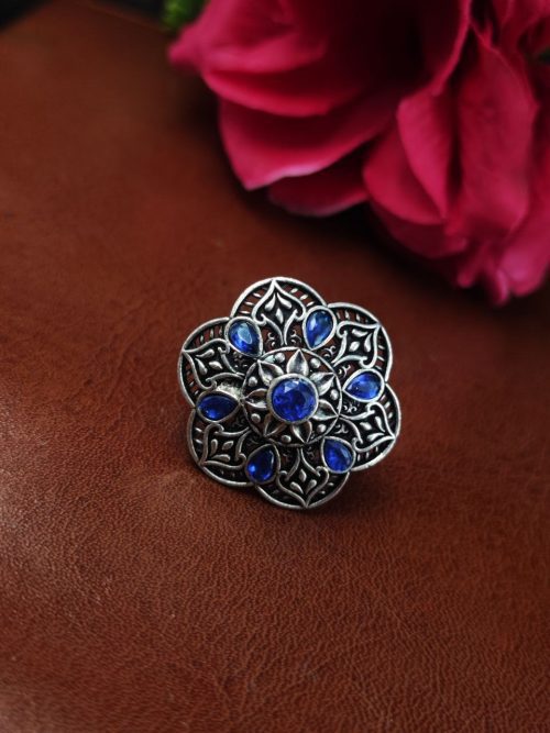 Oxidized silver adjustable ring with stone for daily wear