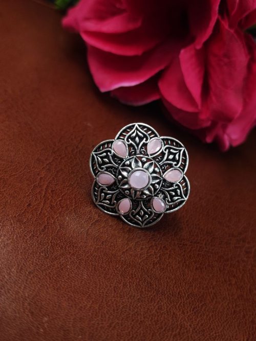 Oxidized silver adjustable ring with stone for daily wear