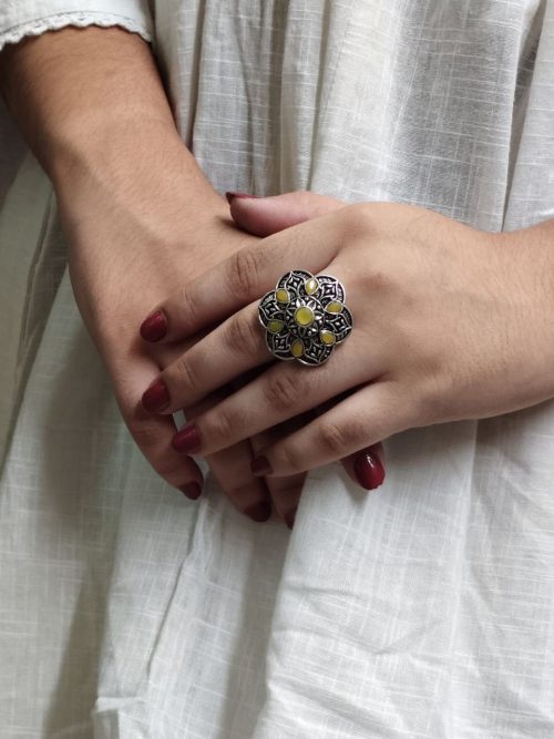 Oxidized silver adjustable ring with stone for daily wear