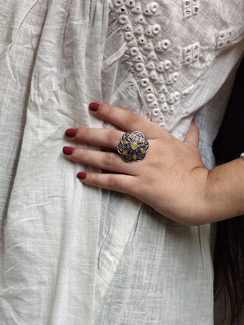 Oxidized silver adjustable ring with stone for daily wear
