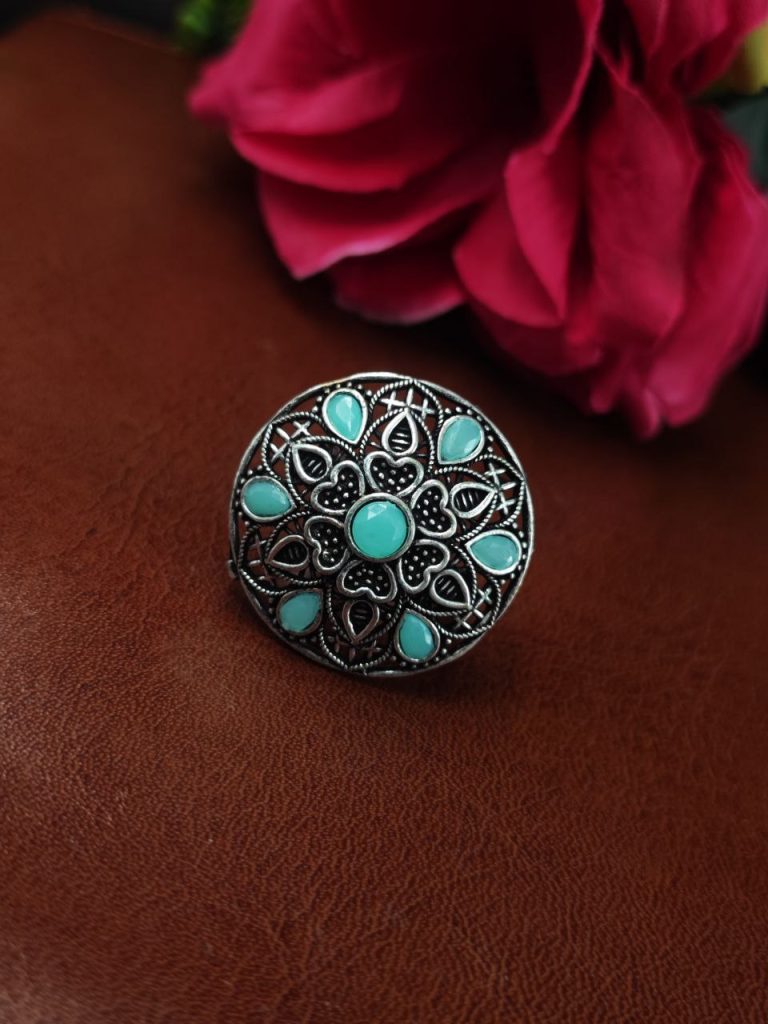 Bulk 904 Trendy Oxidized Heart Ring – Silver Plated Stone Jewelry for Perfect Casual Wear - "Mint"