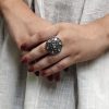 silver Oxidized heart ring with stone accent.