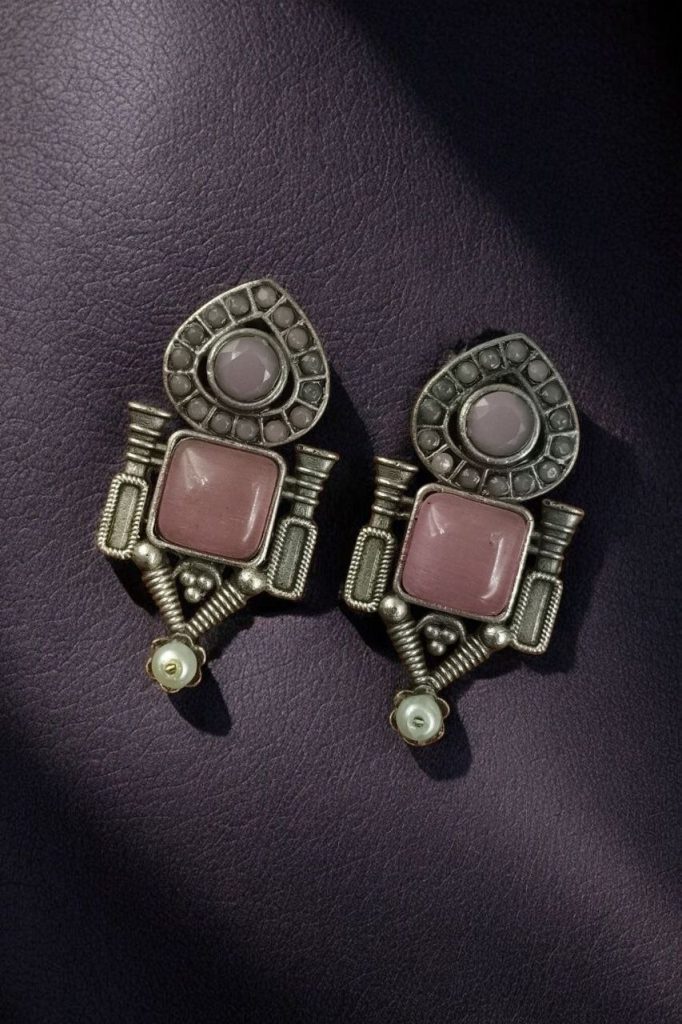 Bulk 878 Fashionable Western Look Earrings | Unique Design Pearl & Monalisa Stone Jewelry for Women - "Baby Pink"