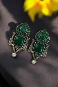 Fashionable Western Look Earrings | Unique Design Pearl & Monalisa Stone Jewelry for Women - color: "Green"