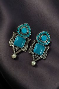 Fashionable Western Look Earrings | Unique Design Pearl & Monalisa Stone Jewelry for Women - color: "Aqua"