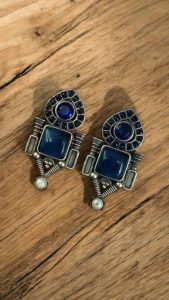 Fashionable Western Look Earrings | Unique Design Pearl & Monalisa Stone Jewelry for Women - color: "Blue"