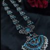 Elegant oxidized silver flower necklace with pearl and stone work.