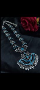 Elegant Long Flower Necklace | Perfect Stone & Pearl Work Silver Plated Oxidized Jewelry - color: "Aqua"