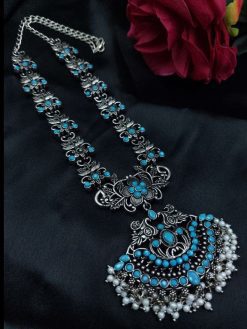 Elegant oxidized silver flower necklace with pearl and stone work.