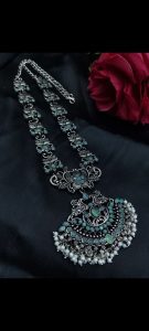 Elegant Long Flower Necklace | Perfect Stone & Pearl Work Silver Plated Oxidized Jewelry - color: "Mint"