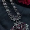 Elegant oxidized silver flower necklace with pearl and stone work.