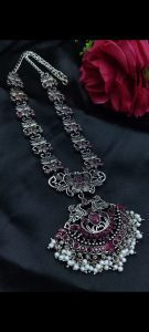 Elegant Long Flower Necklace | Perfect Stone & Pearl Work Silver Plated Oxidized Jewelry - color: "Red"