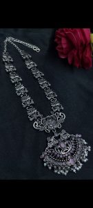 Elegant Long Flower Necklace | Perfect Stone & Pearl Work Silver Plated Oxidized Jewelry - color: "Baby Pink"