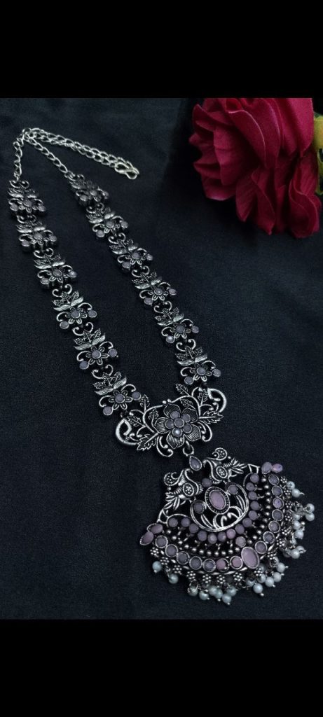 Bulk 866 Elegant Long Flower Necklace | Perfect Stone & Pearl Work Silver Plated Oxidized Jewelry - "Baby Pink"