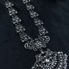 Elegant oxidized silver flower necklace with pearl and stone work.