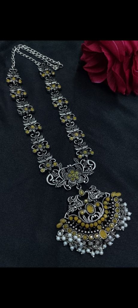 Bulk 870 Elegant Long Flower Necklace | Perfect Stone & Pearl Work Silver Plated Oxidized Jewelry - "Yellow"