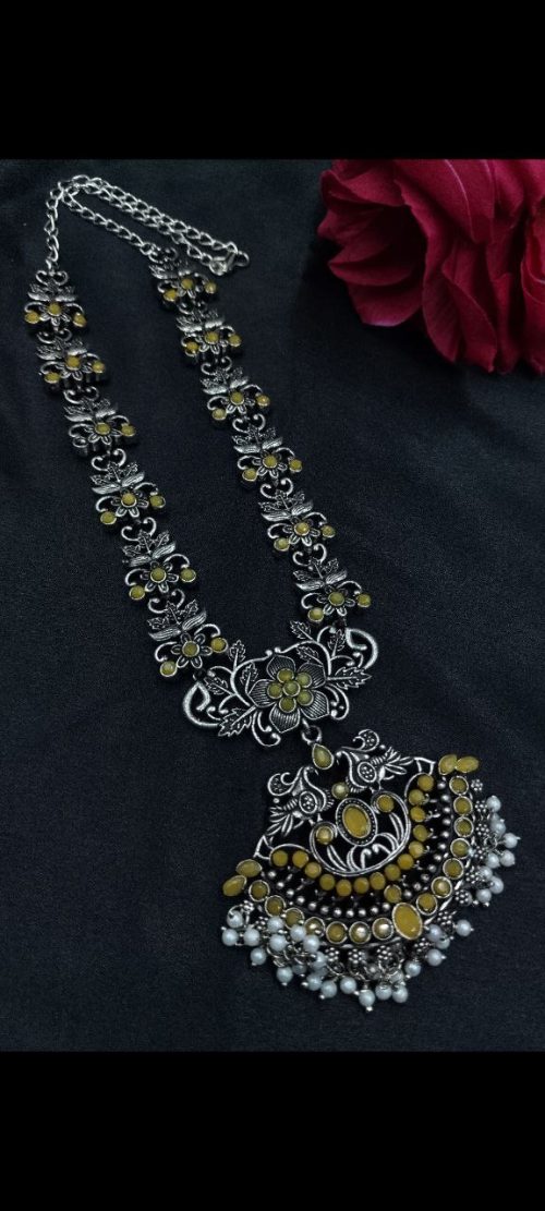 Elegant oxidized silver flower necklace with pearl and stone work.