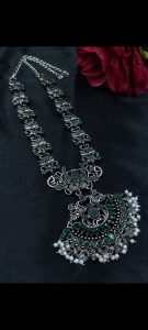 Elegant Long Flower Necklace | Perfect Stone & Pearl Work Silver Plated Oxidized Jewelry - color: "Green"