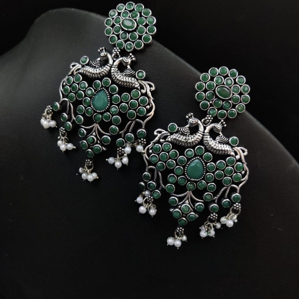 Bulk 852 Best Silver Plated Peacock Earrings with Pearl & Stone – Traditional Ethnic Jewelry For Girls - "Green"