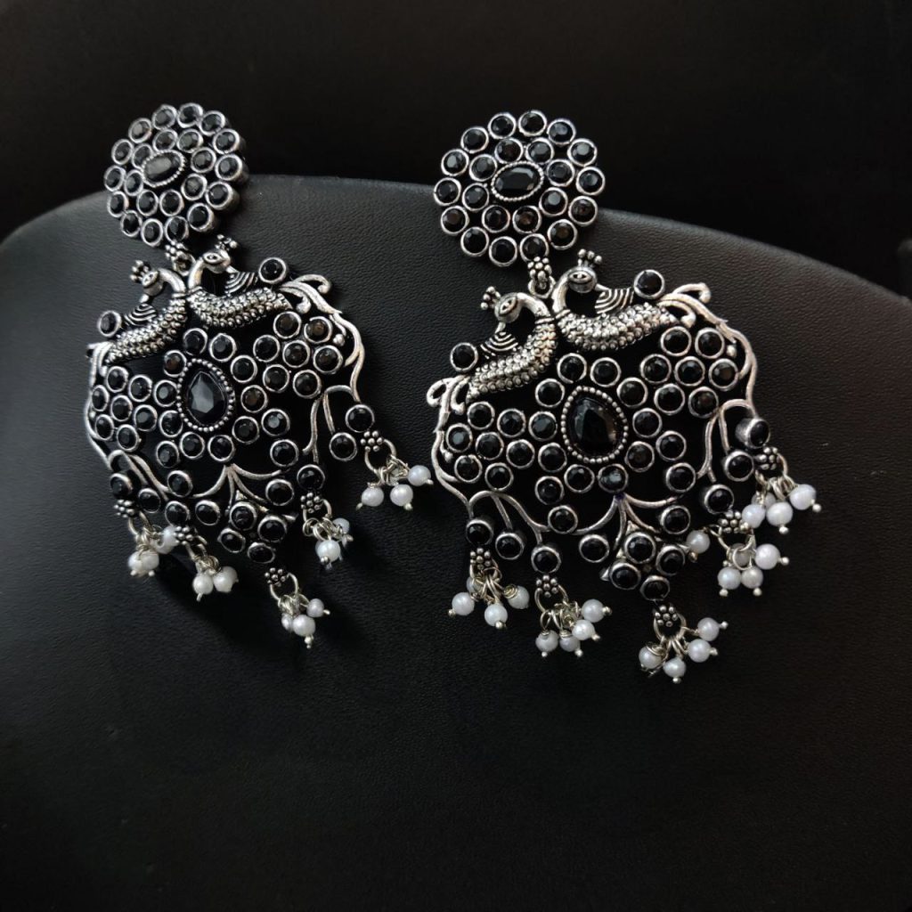 Bulk 856 Best Silver Plated Peacock Earrings with Pearl & Stone – Traditional Ethnic Jewelry For Girls - "Black"