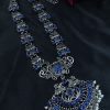 Elegant oxidized silver flower necklace with pearl and stone work.