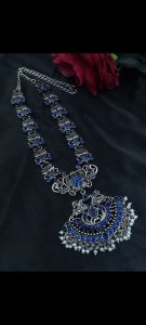 Elegant Long Flower Necklace | Perfect Stone & Pearl Work Silver Plated Oxidized Jewelry - color: "Blue"
