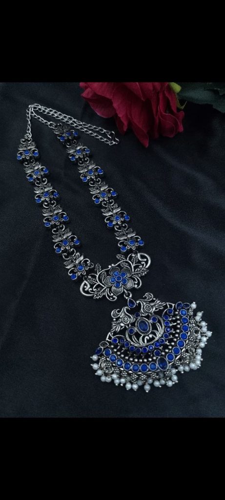 Bulk 858 Elegant Long Flower Necklace | Perfect Stone & Pearl Work Silver Plated Oxidized Jewelry - "Blue"