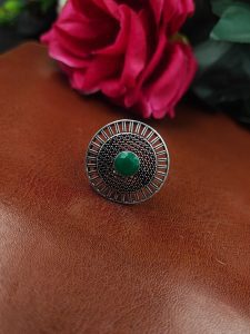 Oxidized Silver Plated Round Stone Ring – Daily Wear Perfect Jewelry for Women - color: "Green"