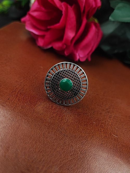 Oxidized silver plated round stone ring for women