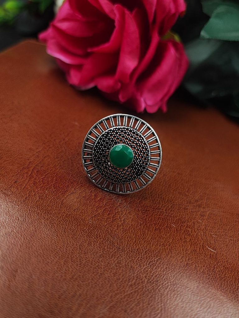 Bulk 826 Oxidized Silver Plated Round Stone Ring – Daily Wear Perfect Jewelry for Women - "Green"